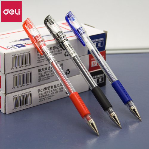 得力6600es中性筆0.5筆芯學生用文具用品考試專用簡約碳素筆12支黑色紅色藍色辦公用簽字筆盒裝子彈頭水筆